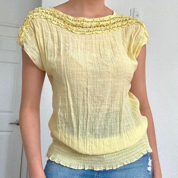 2b bebe Vintage Butter Yellow Beaded Ruffle Top - Picture 5 of 8